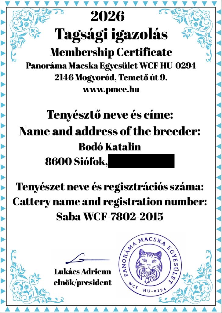 Certificado de membresía WCF 2026 – documento oficial del criadero Saba Birman