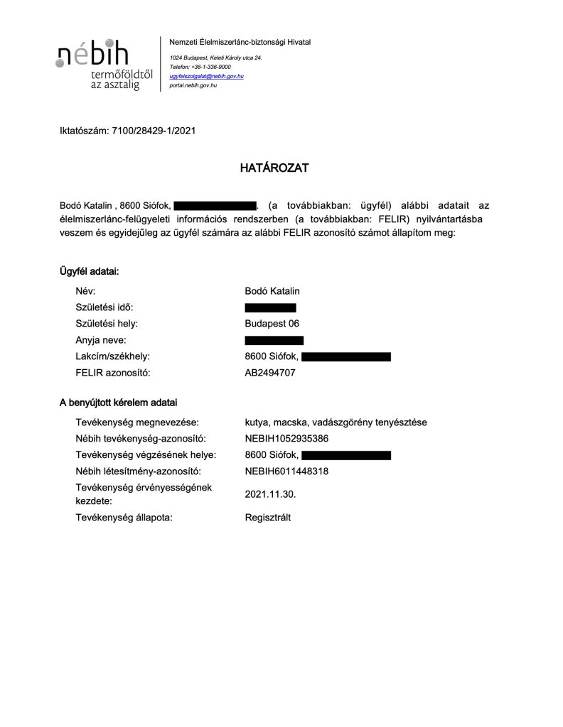 Ficha de registro de cría de animales NÉBIH – documento oficial, número FELIR