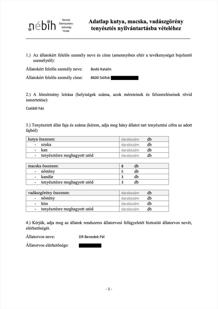 Certificado de registro de cría de animales NÉBIH – documento oficial