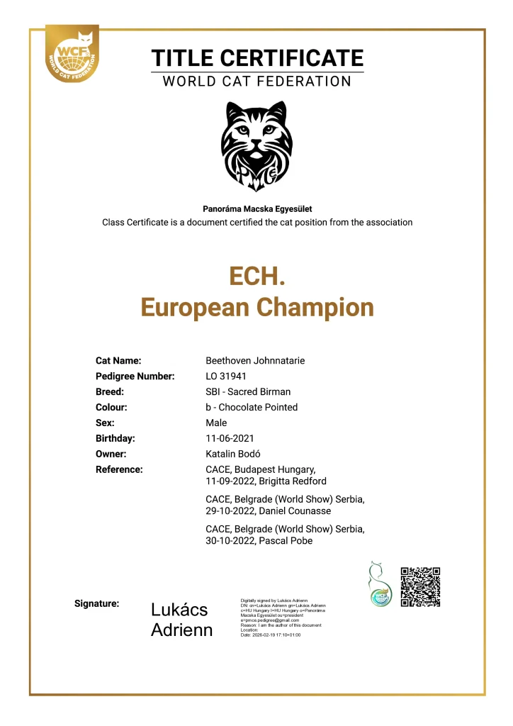 Certificado oficial de Campeón de Europa WCF de ECH Beethoven Johnnatarie-E of Saba